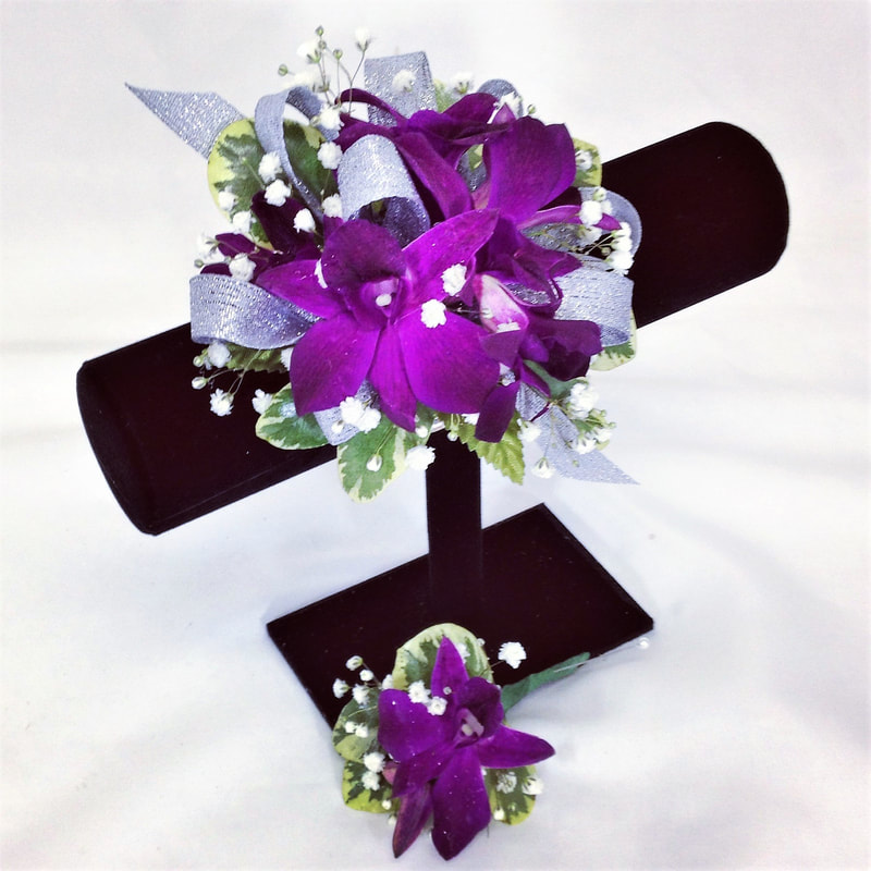 Purple Orchid Wrist corsage & Bout with silver ribbon