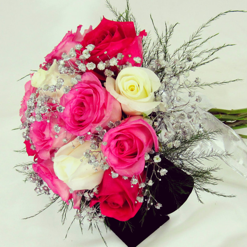 Pink and White Rose Nosegay with Silver Babies Breath