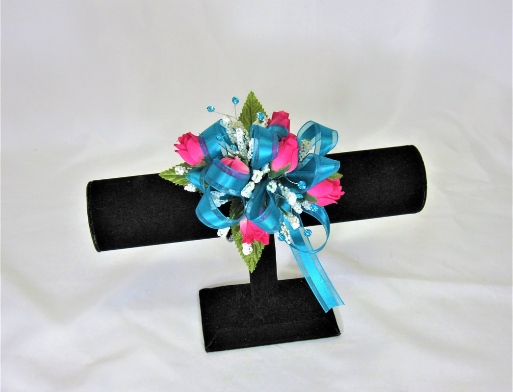 Hot Pink Rose wristlet with Teal bow