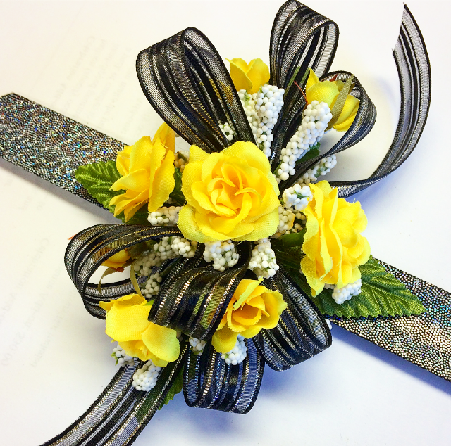 Yellow rose wrist corsage with black & silver bow