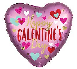 Happy Galentine's Day Mylar Balloon - Pink background with multicolored hearts and red & gold lettering.