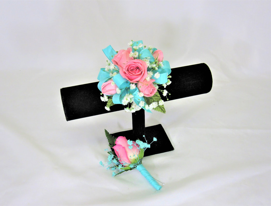 Light pink and robin's egg Corsage and Bout