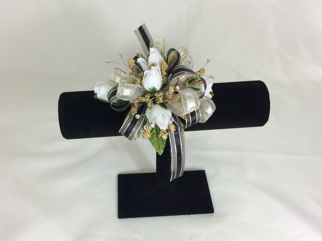 White rose corsage with silver & gold accents