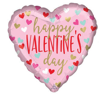 Happy Valentine's Day Mylar Balloon - Pink background with multicolored hearts and red & gold lettering.